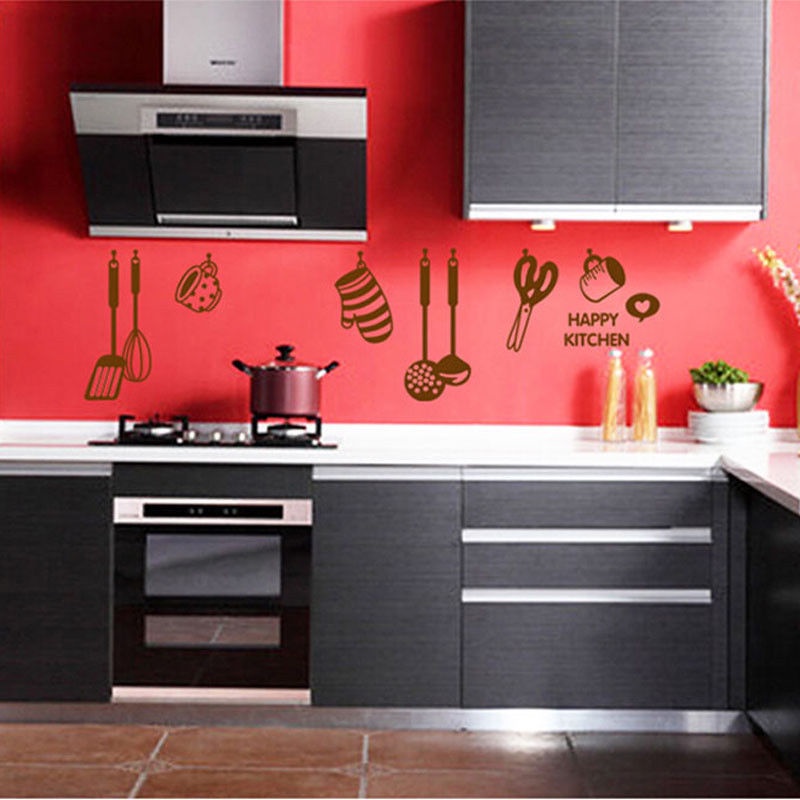Miếng Dán Tường Vinyl In Chữ Happy Kitchen, Dễ Chùi Rửa