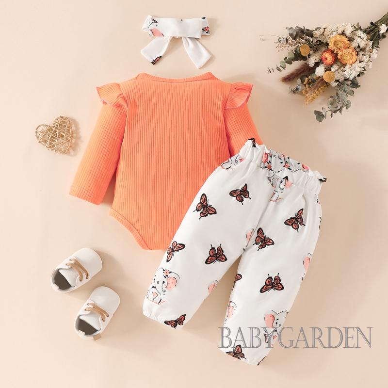 Set Đồ 3 Món Gồm Áo Liền Quần + Quần Dài In Họa Tiết Chú Voi + Băng Cài Đầu Cho Bé Gái 0-18 Tháng Tuổi