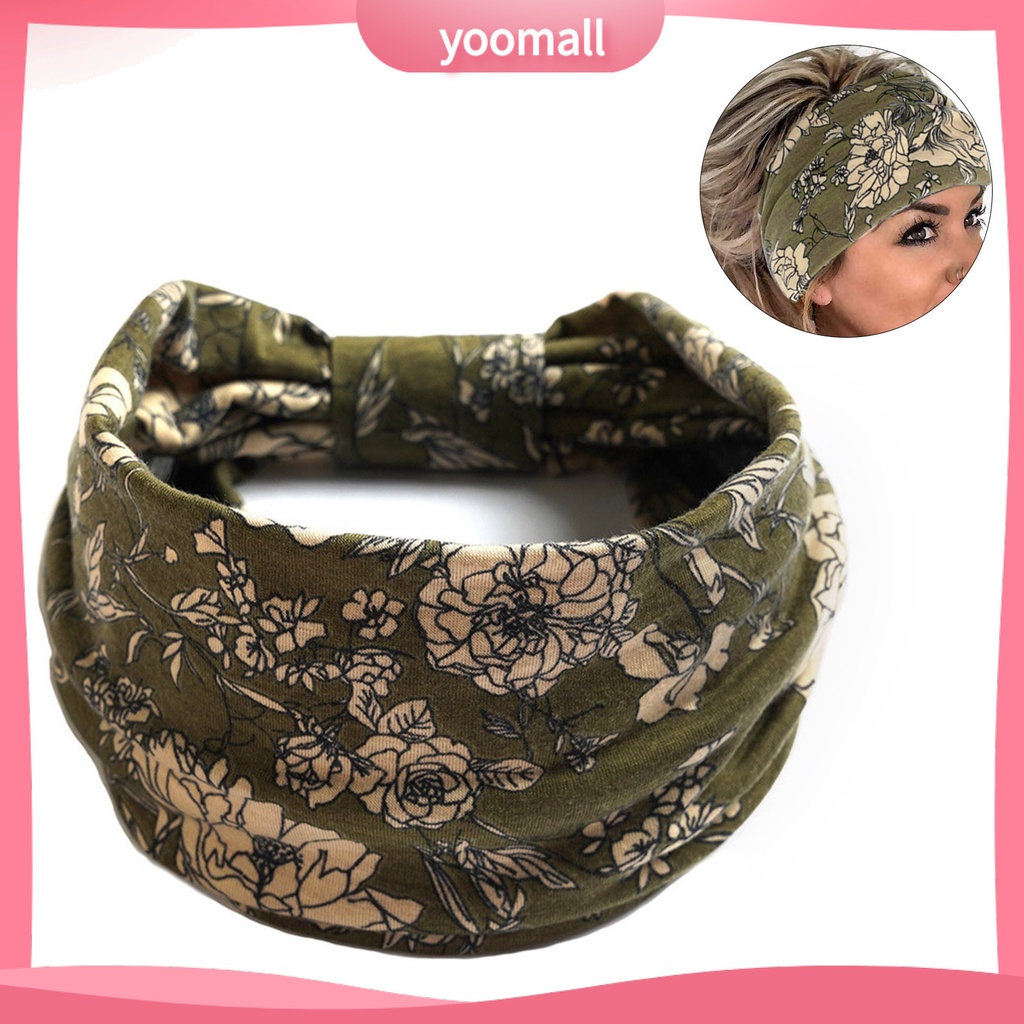 Băng Đô Cài Tóc Bản Rộng Chống Trượt Thấm Hút Mồ Hôi In Họa Tiết Hoa Phong Cách Bohemia Cho Nữ