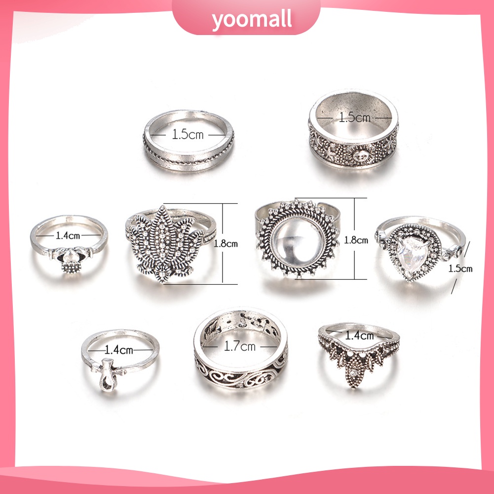 Bộ 9 Nhẫn Đeo Đốt Ngón Tay Đính Đá Phong Cách Retro Cho Nữ