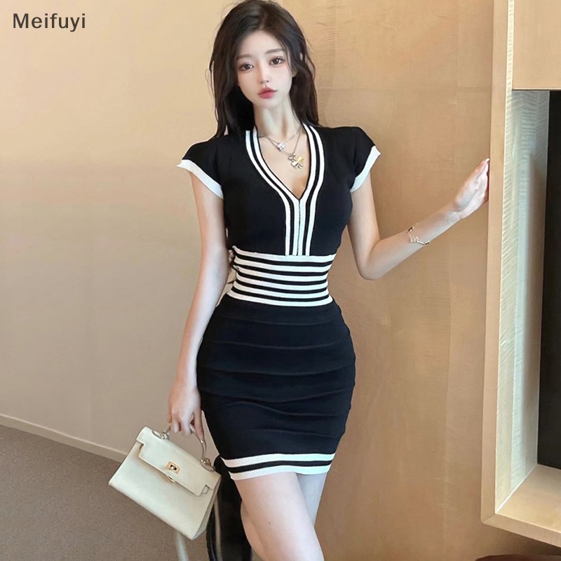[Meifuyi] Striped Knitted Slim Fit Mini Dress Women V-neck Wrapped Summer Casual Dresses COD