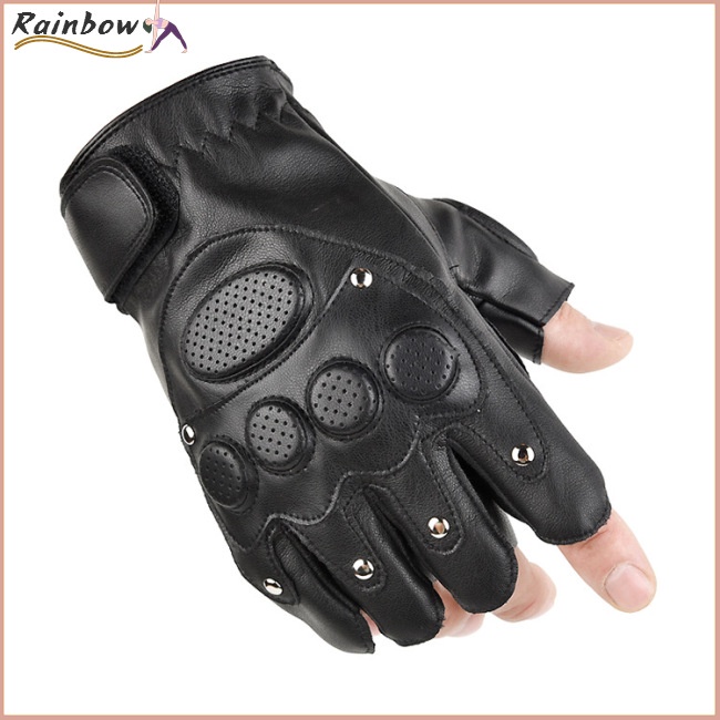 [COD] Găng Tay Lái Xe Nửa Ngón Bằng Da PU Màu Đen Phong Cách Punk Unisex