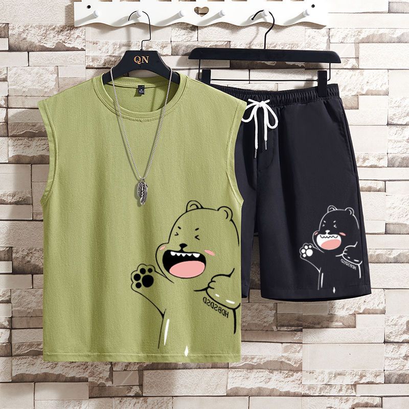 Bộ Áo Thun In Hình Gấu Dễ Thương Phối Quần Short Thời Trang Cho Bé Trai 17-18 Tuổi