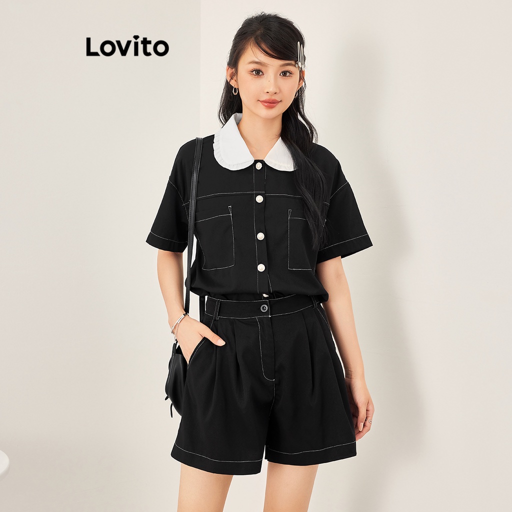 Set đồ Lovito với quần short màu trơn phối nút và áo ống cổ màu tương phản tay ngắn cho nữ L53AD051 (Áo/ Quần dài)