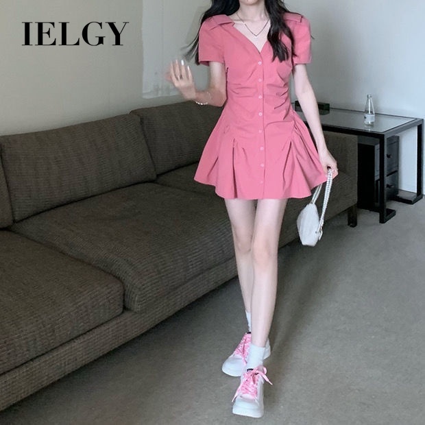 Đầm sơ mi IELGY ôm eo tay ngắn màu trơn phong cách Hepburn mùa hè gợi cảm