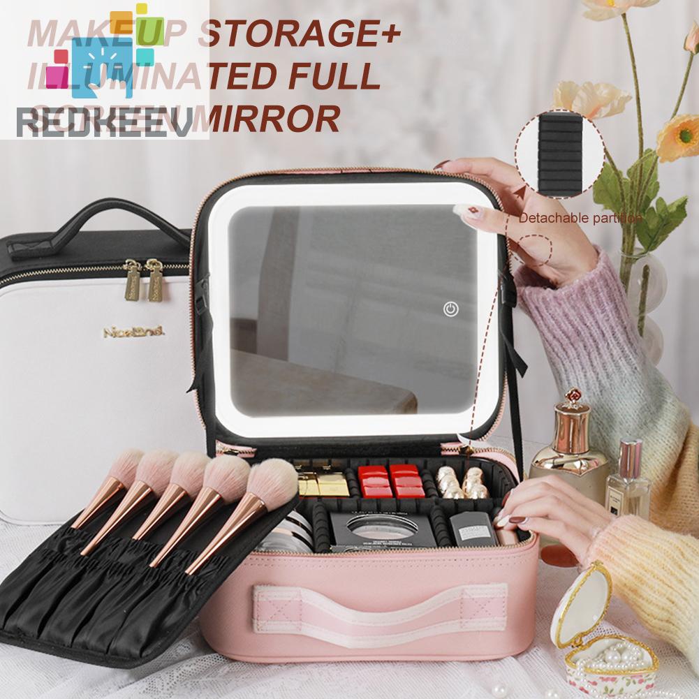 Hộp Đựng Mỹ Phẩm Bằng Da PU Có Khóa Kéo Kèm Gương Và Đèn LED Dành Cho Nữ