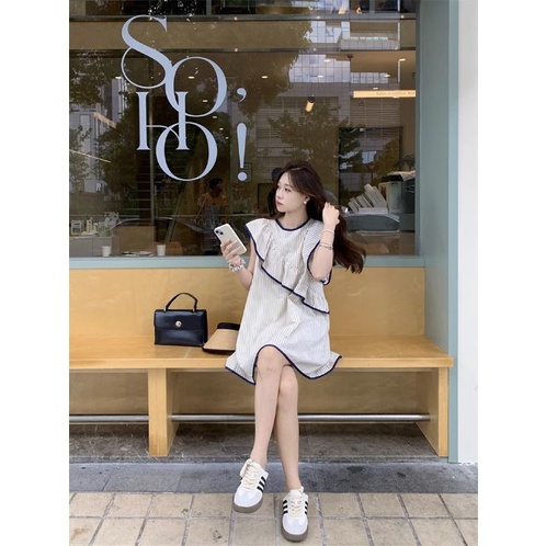 Đầm Không Tay Nhún Bèo Họa Tiết Kẻ Sọc Phong Cách Hàn Quốc Cho Nữ