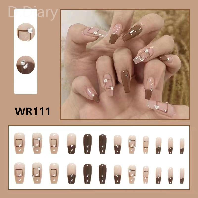 Bộ 24 Móng Tay Giả Hình Vuông Màu Nâu Đính Đá Ba Chiều Mẫu Mới 2023