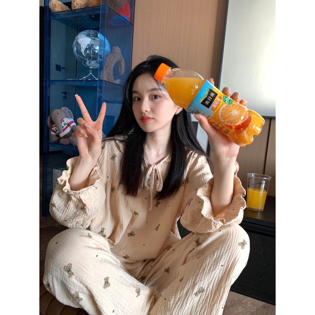 Bộ Đồ Ngủ Tay Dài In Họa Tiết Gấu Dễ Thương Phong Cách Hàn Quốc Thời Trang Xuân Thu Cho Nữ