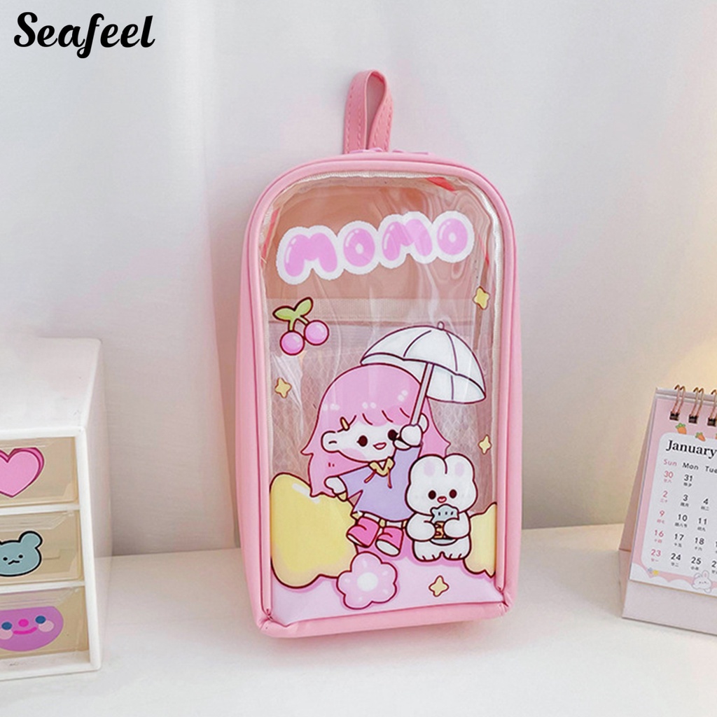 Túi Đựng Thước Kẻ Trong Suốt Chống Nước In Họa Tiết Thỏ / Gấu Có Dây Đeo