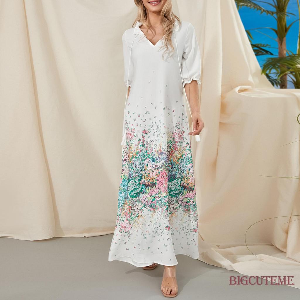 Đầm Dài Dáng Rộng Tay Ngắn Cổ Chữ V In Họa Tiết Hoa / Đồ Họa Thời Trang Mùa Hè Xinh Xắn Cho Nữ