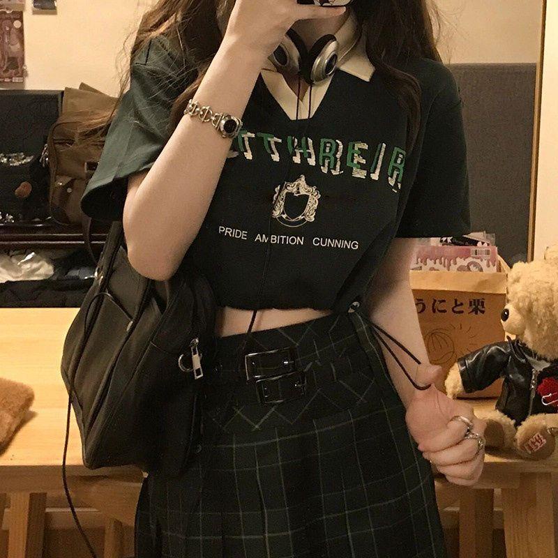 American retro polo collar short-sleeved t-shirt thiết kế của phụ nữ sense niche summer ins hot girl eo eo lộ rốn ngắn trên