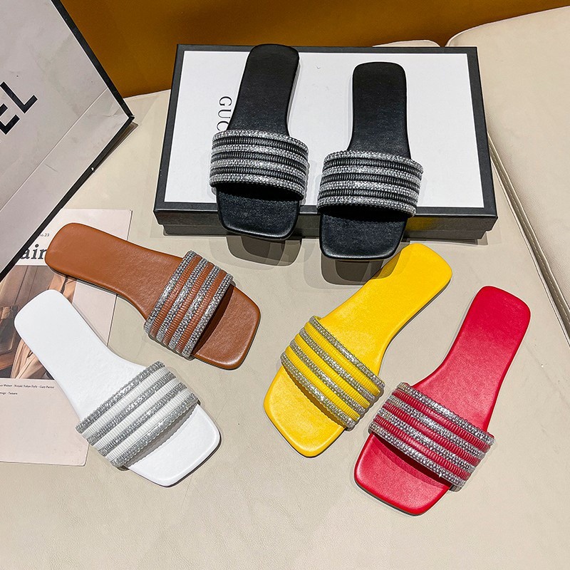 Dép Sandal Đế Bằng Mũi Vuông Đính Đá Phong Cách Thời Trang Hàn Quốc Có size Lớn 35-42 Dành Cho Nữ