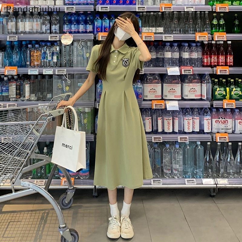 Phong cách preppy lần lượt xuống cổ áo Đầm A-Line mùa hè eo thon Ngắn Tay Áo Phụ Nữ Midi Đầm Joo