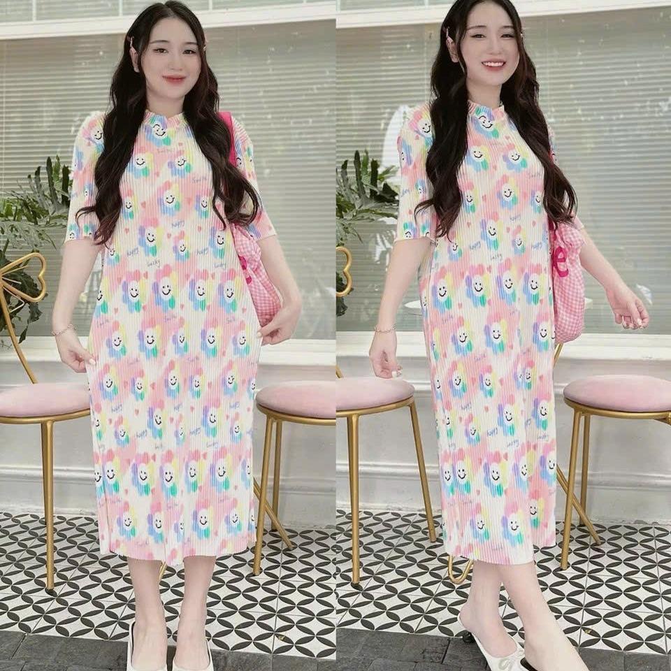 DAM92.1450 Set đầm suông in full đầm co giãn, phối tay lở, cổ tròn. Freesize dưới 58kg bầu bí bon chen thoải mái
