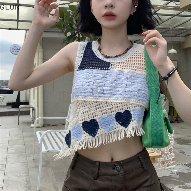 Áo Dệt Kim Sát Nách Cổ Tròn Thêu Họa Tiết Khoét Lỗ Thời Trang Mùa Hè Cho Nữ