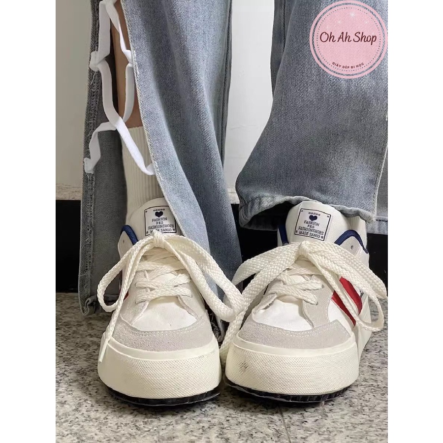 🍓  Giày Nữ Đi Học Giày Vải Canvas Màu Xám Kẻ Đỏ Gót Navy Loại 1  Ohahshopgiaydep