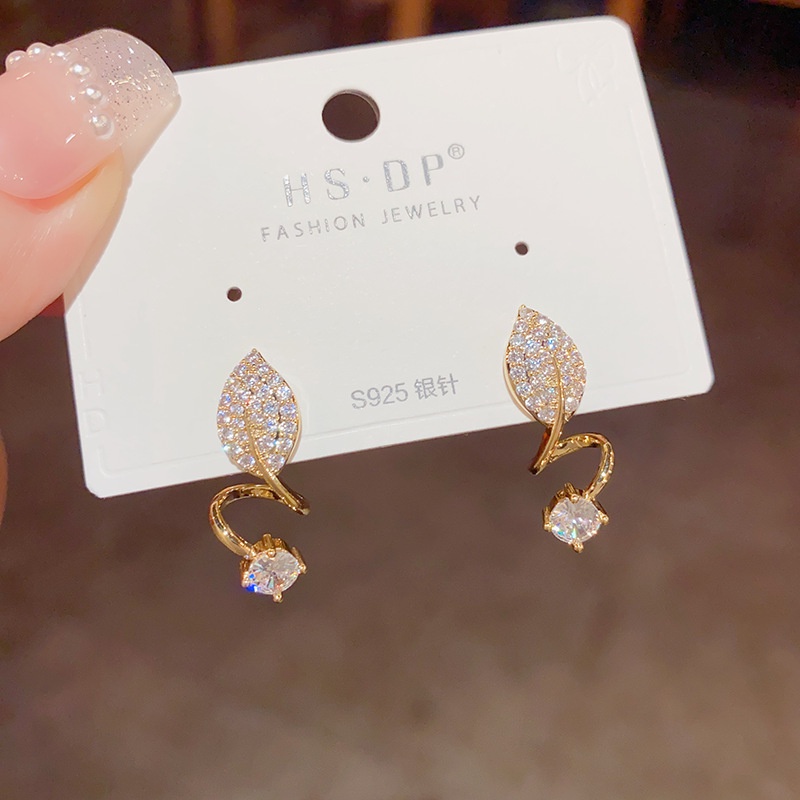 Bông Tai Mạ Bạc Hình Chiếc Lá Đính Đá Zircon Sang Trọng Thời Trang Cho Nữ