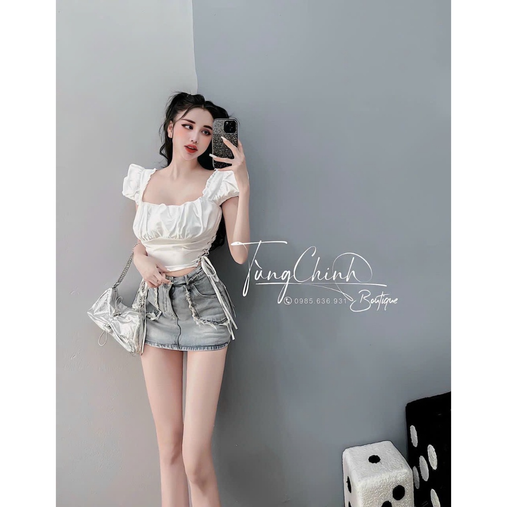 Áo Kiểu Nữ Tay Bèo Đan Dây Hai Bên Eo Xinh Xắn KXT0056