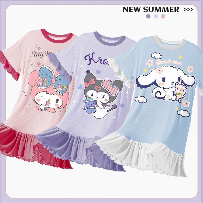 Áo Đồ Ngủ Kuromi Cho Bé Gái Giai Điệu Pyjama Cinnamoroll Melody Mùa Hè Mỏng Hoạt Hình Dễ Thương Váy Ngủ Pijama Cho Bé