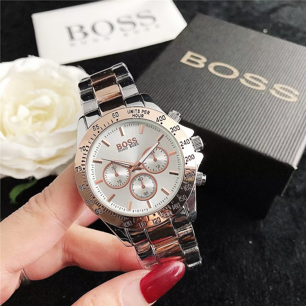 Hugo Boss Đồng Hồ Đeo Tay Mặt Tròn Đính Kim Cương Dây Da Thép Không Gỉ Thời Trang Cho Cặp Đôi