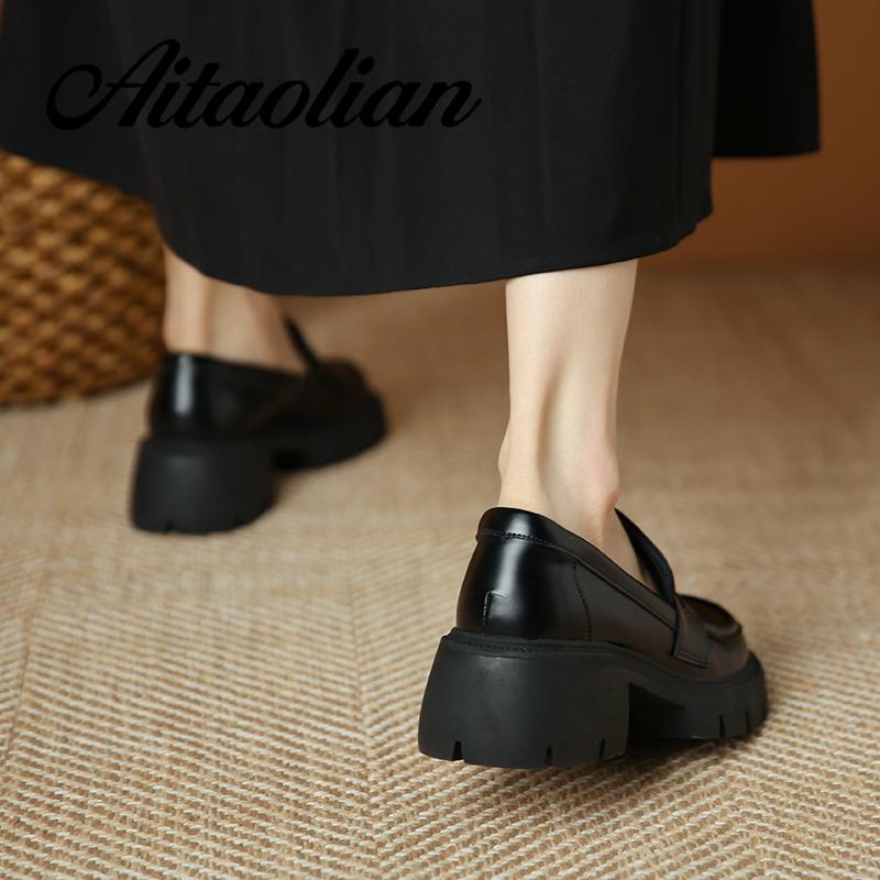 Giày Lười Da Bóng Đế Bằng 6cm Mũi Tròn Thời Trang Retro Anh Quốc Cho Nữ