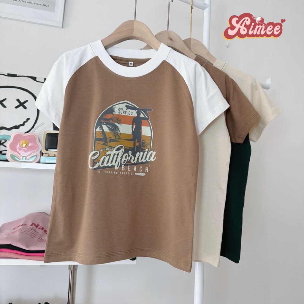 Áo baby tee raglan in hình california