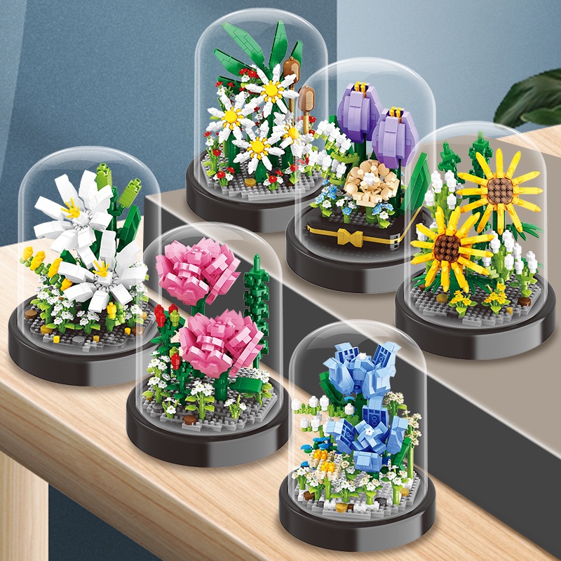 Bộ Đồ Chơi Lắp Ráp Lego + Hoa Trong Suốt Trưng Bày Trang Trí Để Bàn