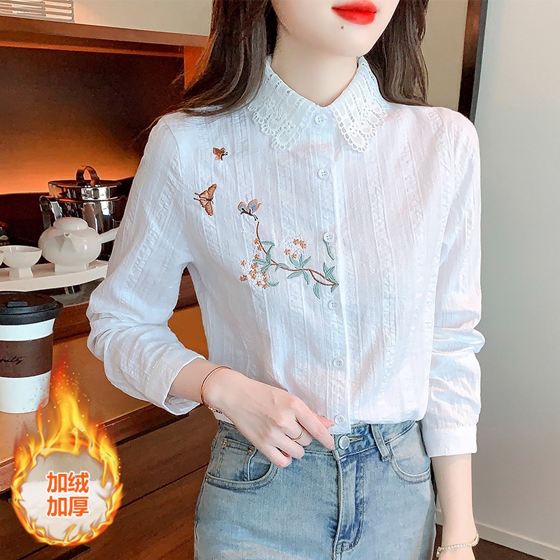 Áo Sơ Mi Trắng Tay Dài Lót Lông Cừu Dày Dặn Thời Trang Xuân Thu Cho Nữ FN78