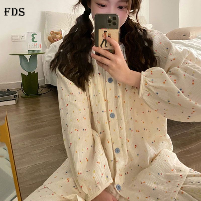 Fds fds new ins pyjamas women's autumn korean style indie and minimalism sweet floral long-sleeved quần dài bộ đồ mặc nhà rộng rãi