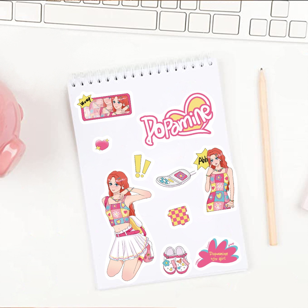 Bộ 8 Đề Can Dán Trang Trí Mũ Bảo Hiểm / Bút Chì diy Hình Cô Gái dopamine