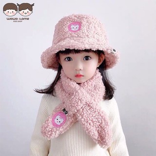 Set nón và khăn choàng cổ lót nhung giữ ấm mùa đông cho bé trai và bé gái