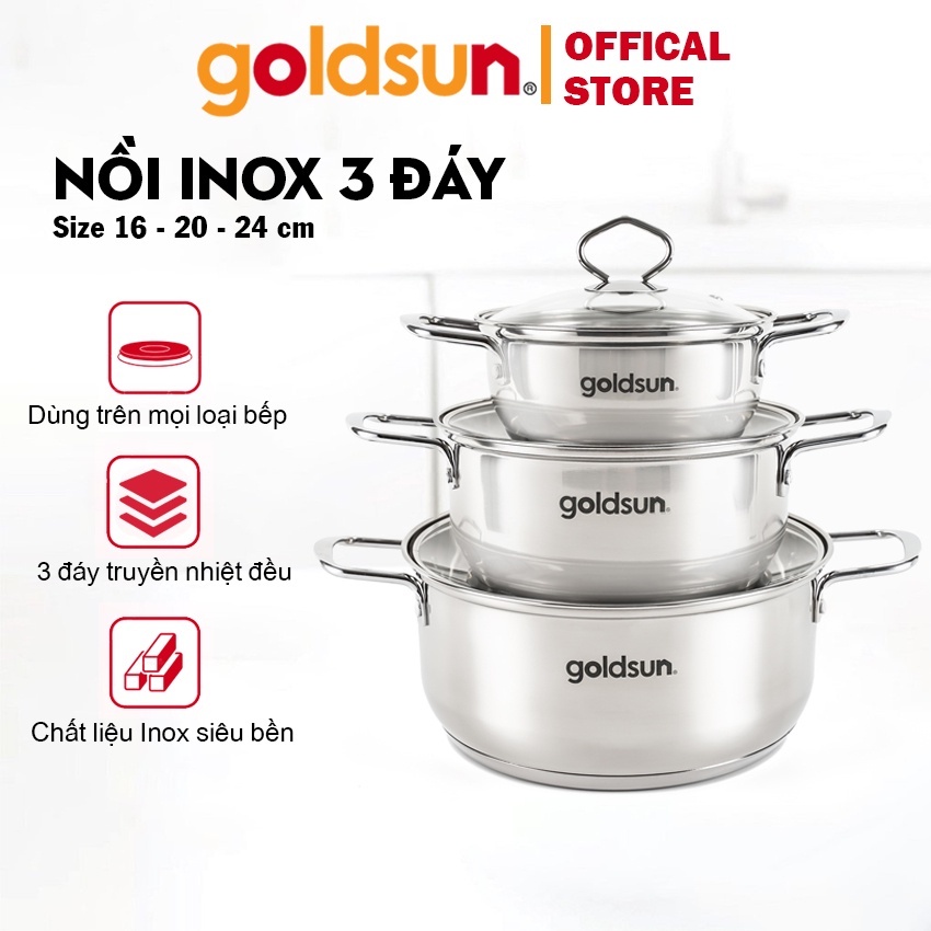 COMBO-001 Bộ nồi inox Goldsun GPS1700 tặng 3 chảo inox chống dính dùng được cho bếp từ GPA1402 (18-20-24)