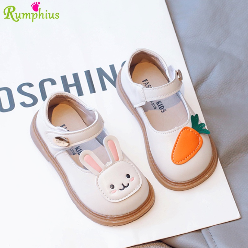 Giày búp bê bé gái RUMPHIUS đế mềm chống trượt màu trơn họa tiết thỏ đáng yêu thoải mái dễ phối đồ size 21-30