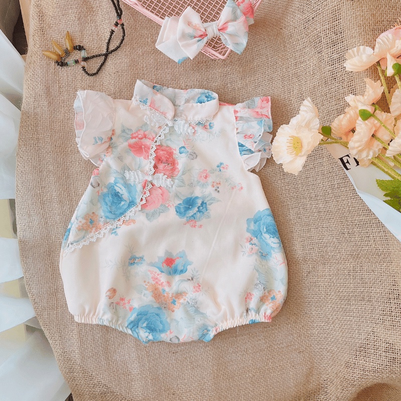 Set Body Sườn Xám Họa Tiết Hoa Kèm Băng Đô Cho Bé Gái Sơ Sinh Đến 2 Tuổi