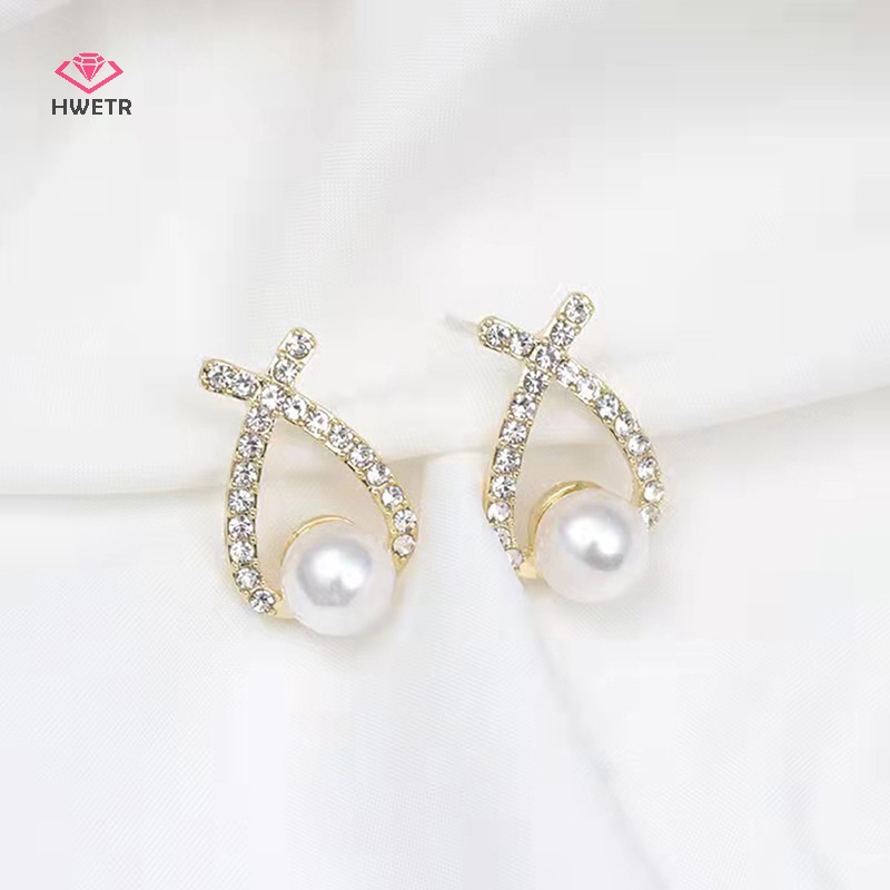 Hwetr 1 cặp phụ nữ bông tai ngọc trai cổ điển thời trang dễ thương thanh lịch bông tai ngọc trai sáng tạo đơn giản chữ x dát bông tai kim cương mới