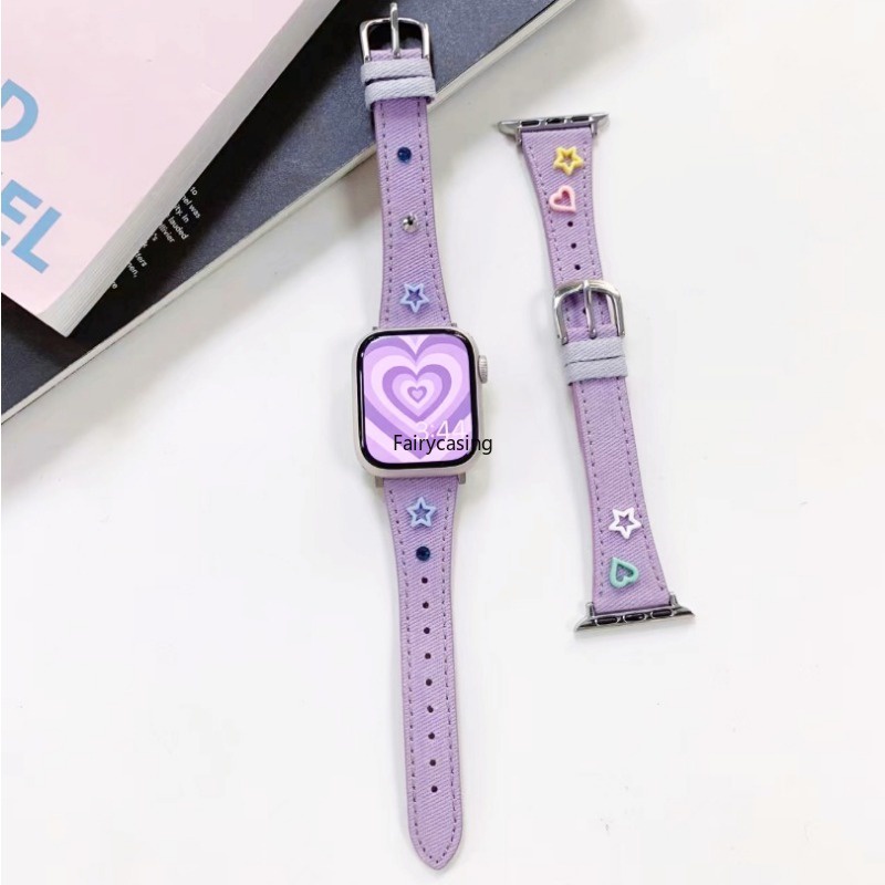 Dây đeo bằng da phong cách giải trí cho iwatch series ultra 8 6 6 6 se y2k denim girl bracelet cho apple watch dây đeo 41mm 40mm 45mm 38mm 49mm phụ kiện