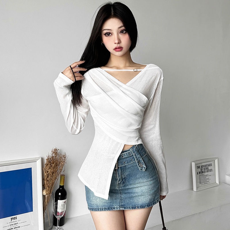 Klalien Áo Thun crop Top Tay Dài Cổ Chữ v Màu Trơn Thời Trang Mùa Thu 2023 Dành Cho Nữ