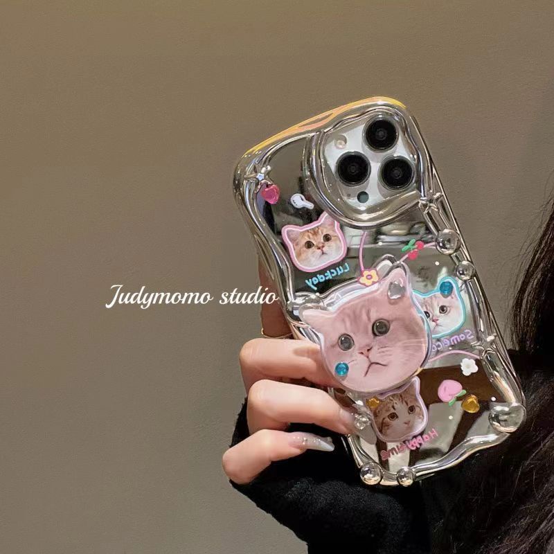 Ốp lưng iPhone Hello kitty for iphone14pro electroplated silver soft case rhinestone cat bracket drop-resistant apple 13 phone case