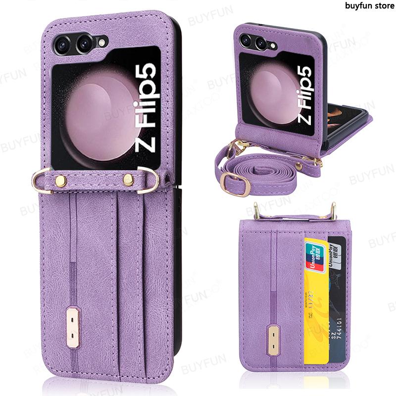 Shockproof Card Slot Leather Case for Samsung Galaxy Z Flip 5 5G zflip5 Anti-Scratch Protective Phone Cover with Lanyard