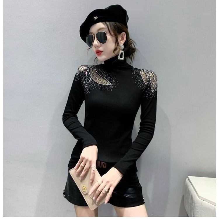 Áo Thun Tay Dài Cổ Cao Phối Ren Đính Đá Thời Trang Xuân Thu Quyến Rũ Cho Nữ