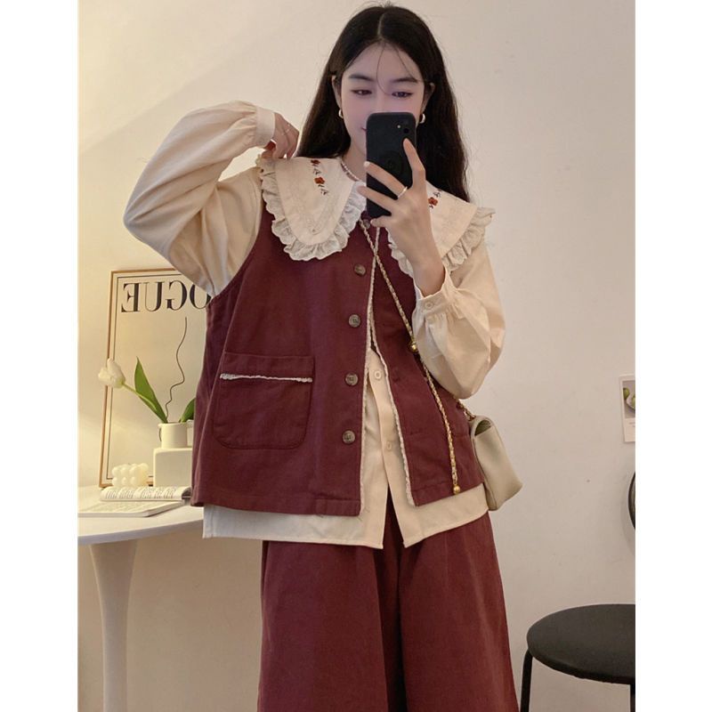 Set Áo Khoác Không Tay + Áo Sơ Mi Cổ Búp Bê + Chân Váy Phong Cách Thời Trang Mới