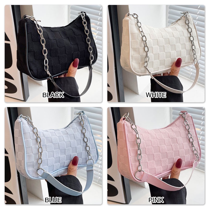 Túi xách MOWEIKAIDI đeo dưới cánh tay kẻ caro phối xích thời trang Hàn Quốc cho nữ