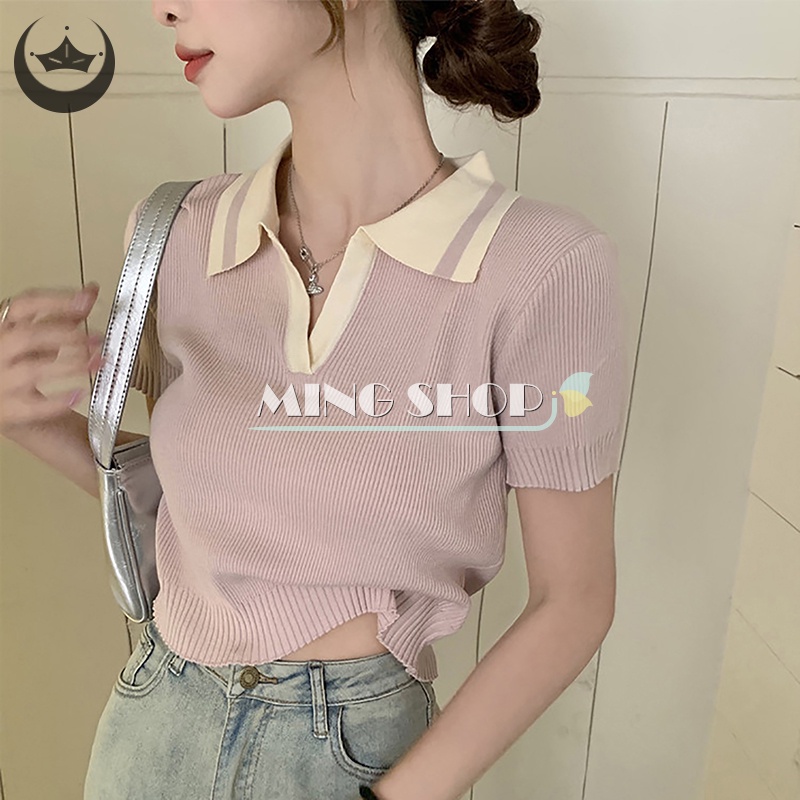 Ming mùa hè phong cách preppy phụ nữ màu tương phản ve áo ngắn tay áo dệt kim t-shirt cắt top th