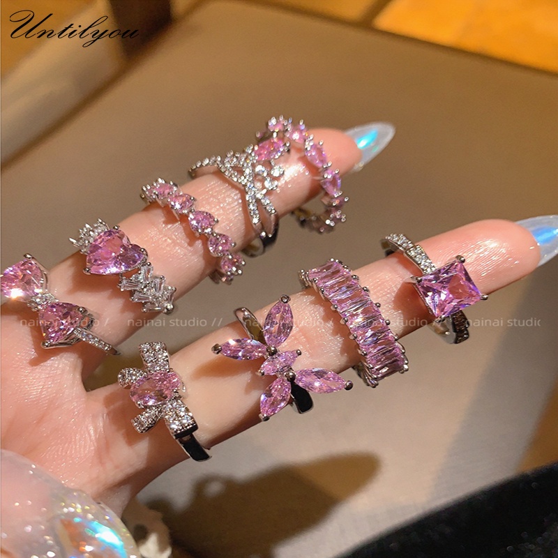 Yeezii thời trang nơ màu hồng trái tim nhẫn pha lê cho phụ nữ zircon có thể điều chỉnh mở nhẫn bạc phụ kiện trang sức