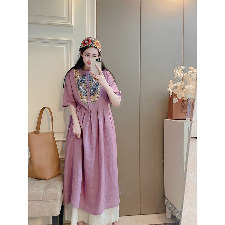 Ice cotton linen pick-up leak counter return tail order in stitching cotton linen short-sleeved dress women loose casual slimmer