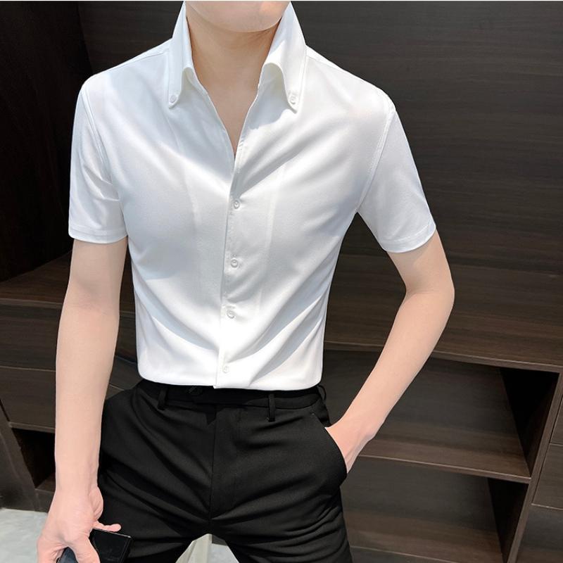 Áo sơ mi nam ngắn tay công sở hàn quốc dáng cổ V vải lụa trơn , Kiểu dáng form đẹp chuẩn trẻ trung