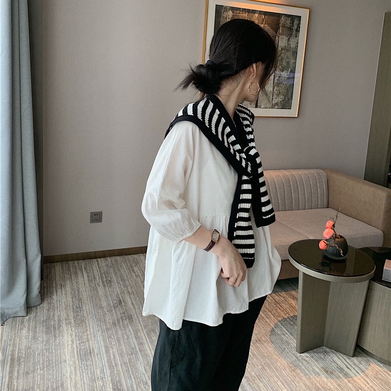 Khăn Choàng cotton Dệt Kim Kẻ Sọc Trắng Đen Nhỏ Dễ Phối Đồ Thời Trang Mùa Xuân Cho Nữ