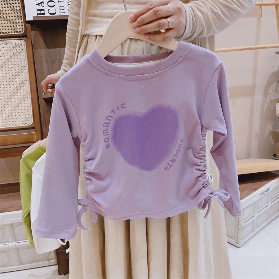 Áo Thun Tay Dài Mùa Thu 2023 Có Dây Rút In Họa Tiết Trái Tim Phong Cách Công Chúa Mới Cho Bé Gái