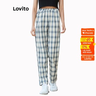 Quần dài Lovito L02064 lưng cao họa tiết sọc caro màu xanh dương thời trang cho nữ